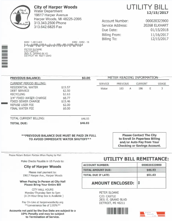 USA CITY OF HARPER WOODS utility bill Word and PDF template